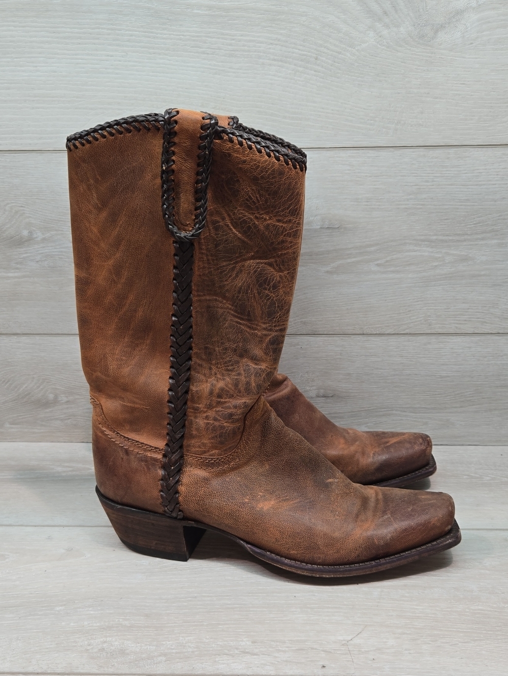 Lucchese Women 9910V Braided Tall Square Leather Boots Shoes Sz 9.5D